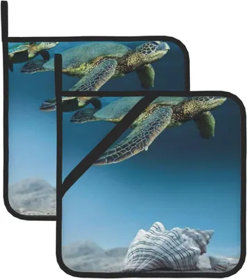 Produktbild von Meeresmuschelschildkröte, 2er-Set Topflappen für die Küche, hitzebeständig und rutschfest, zum Kochen und Backen, 20,5 x 20,5 cm