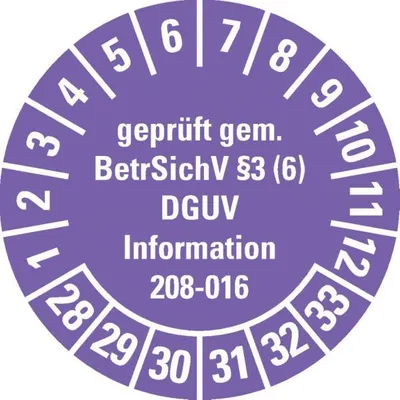 Produktbild von Dreifke® Prüfplakette gepr.gem.BetrSichV §3(6)DGUV, 28-33, violett, Dokufolie...