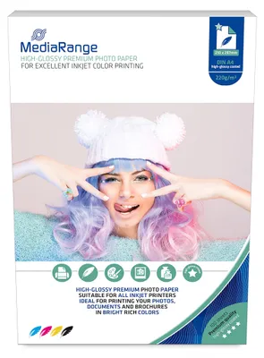 Produktbild von MediaRange MRINK103, Hoch-Glanz, 220 g/m², Tintenstrahl, A4, Weiß, 100 Blätter