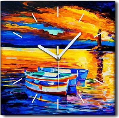 Produktbild von Coloray Uhr auf Leinwand 30x30 cm Wand Uhr Dekoration Wohnzimmer Segeltuch weiße Zeiger -Leuchtturmboot