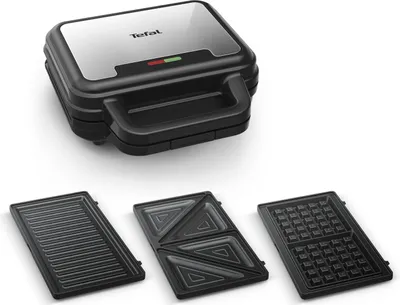 A Tefal UltraCompact 3in1 SW383D10 contact grill with three interchangeable plates shown below.