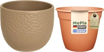 Produktbild von MePla - Set - Übertopf 536 Dots ø14 + Pflanztopf ø12 - Taupe-matt