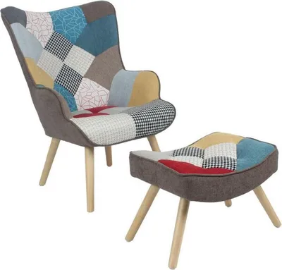 Produktbild von Happy Home Relaxsessel mit Hocker Patchwork Stoffbezug skandinavisches Design ergonomischer Sessel mit Fußstütze für Wohnzimmer Schlafzimmer