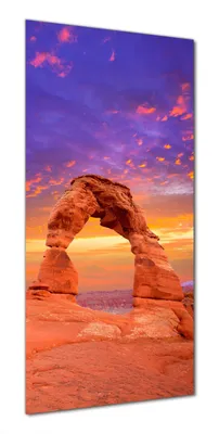 Produktbild von Wallario selbstklebende Duschrückwand 70 x 180 cm mit Motiv Steinbogen vor einem farbenfrohen Himmel in lila-rot - Wandverkleidung mit Hochglanzlaminat in Glasoptik