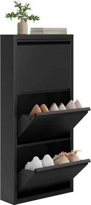 Produktbild von WOLTU Schuhschrank mit 3 Klappen, Schuhkommode, aus Metall, 50x106x15cm, Schwarz