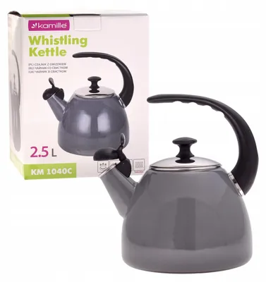 A gray whistling kettle and its packaging are shown against a white background.