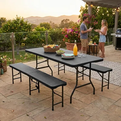 Produktbild von Clinvia 6ft Klappbarer Picknicktisch mit 2 Bänken, 3-teiliges Camping Set, HDPE Tischplatte mit Baummuster, Sicherheitsverriegelung, UV- & wasserbeständig, Schwarz