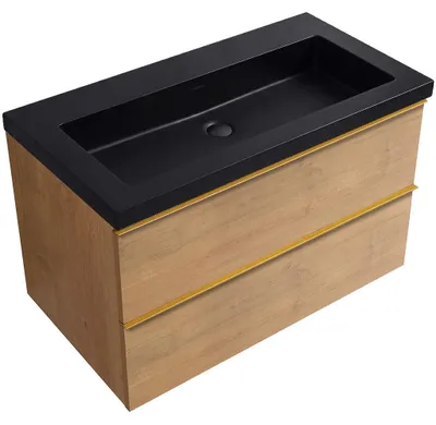 Productafbeelding van Badkamermeubel Velora - notenhout, gouden handgreep + wastafel van gietmarmer Ovo - mat zwart - 80,5x58x46,5 cm