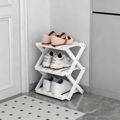 Immagine prodotto di Scaffale per scarpe bianco, 3 ripiani, in bambù, pieghevole, autoportante, dimensioni 27x26x39 cm