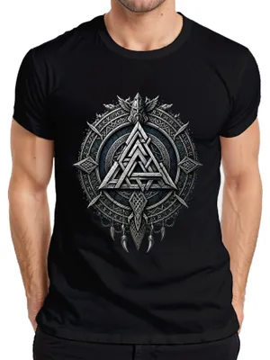 Zdjęcie produktu dla T-shirt "Valknut, runy wikingów, Odin, kruki, berserker, wojownik, Asatru, pogaństwo", czarny, rozmiar L