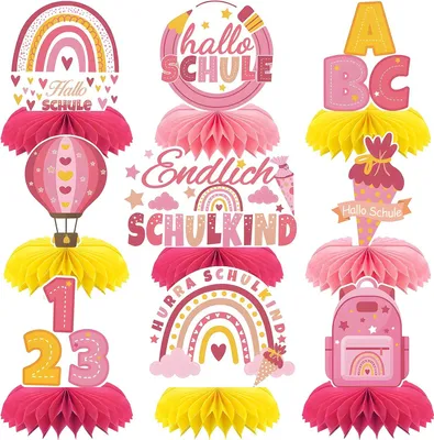 Produktbild von 9 Stück Einschulung Deko, Einschulung Mädchen Rosa, Tischaufsteller mit Boho, Regenbogen & Schultüte Motiv, Bienenwabe Mittelstück, Tischdeko für Einschulung, Schulanfang uvm