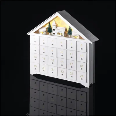 Productafbeelding van Lichtgevende adventskalender van hout - Mini-kastje en winterdorp - 8 leds - Warmwit licht - Kerstdecoratie - 0,4 watt