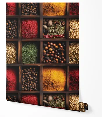 Produktbild von Vliestapete Gewürze Küche Gewürzregal Holz Boxen Bunte Gewürze Modern Abwaschbar UV-beständige Tapete 10m x 0.5m