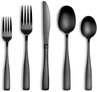 Immagine prodotto di Set di posate da 20 pezzi in acciaio inossidabile, nero; set di posate da 4 pezzi, posate di forma quadrata, lucide; set da cucina, comprensivo di coltelli, forchette e cucchiai; lavabile in lavastoviglie