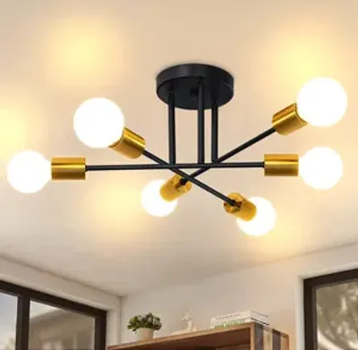 Produktbild von ZMH Deckenleuchten Schwarz-Gold Metall Schlafzimmer 6 Flammig E27 Vintage Industrial Metall (ohne Leuchtmittel) für Wohnzimmer Schlafzimmer Flure