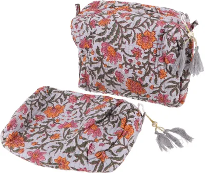 Produktbild von Boho Kosmetiktaschen Set, Waschtasche, Kulturbeutel mit Blockprint - Hellblau, Uni - Erwachsene, Baumwolle, 15*18*10 cm, Kleine Taschen für Kosmetik, Schreibzeug, Mehr