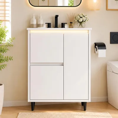 Zdjęcie produktu dla Biała szafka pod umywalkę z ceramiczną umywalką, wolnostojąca, 2 szuflady, system cichego domykania, lakierowana, wysokie nóżki, wymiary: 61 x 46,5 x 87 cm