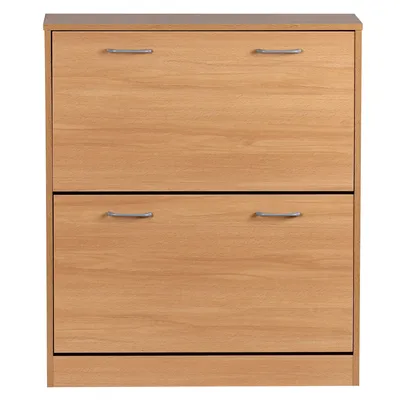 A front view of a two-door shoe cabinet with silver handles.