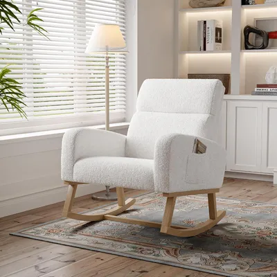Zdjęcie produktu dla Krzesło bujane – Fotel wypoczynkowy – Krzesło relaksacyjne – Biały – Wyściełane miękką wełną – Wysokie, ergonomiczne oparcie