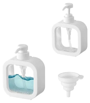Image de Lot de 2 distributeurs de savon en plastique, blancs, distributeur de liquide vaisselle de 300 ml, distributeur de savon pour les mains avec entonnoir, distributeur à pompe, distributeur de savon liquide, transparent, distributeur de savon pour la cuisine, la salle de bain, le plan de travail, le bureau