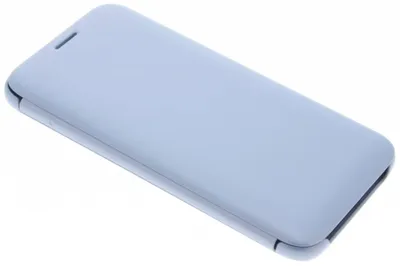 A light blue flip case for a smartphone, shown from a diagonal angle on a white background.