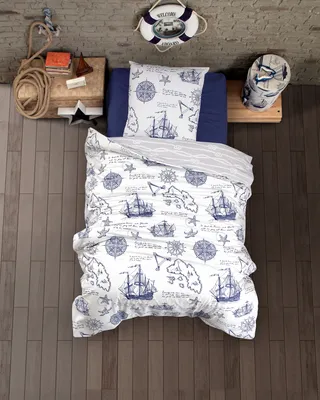 Produktbild von Kinder Bettwäsche 155x220 cm, 2 teilig set, blau/weiß, 100% Baumwolle/Renforcé, Piraten