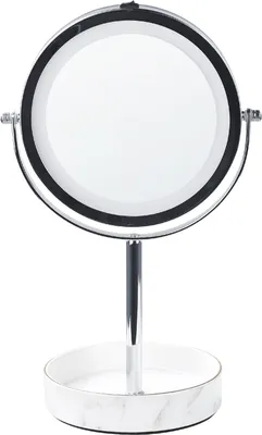 Produktbild von BELIANI Kosmetikspiegel mit LED-Beleuchtung Silber u. Weiß ø 20 cm aus Eisen u. Keramik Doppelseitig Vergrößerungsspiegel Schminkspiegel Tischspiegel