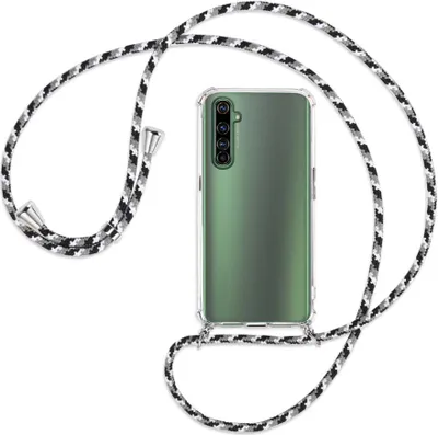 Produktbild von Handykette Backcover-Schutzhülle mit Band (Metall silberfarben) für Realme X50 Pro 5G - schwarz/grau/weiß