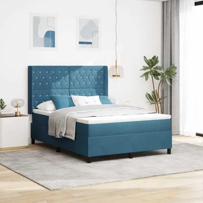 Immagine prodotto di Letto matrimoniale con boxspring e materasso, imbottitura in velluto, con testiera blu, dimensioni 140 x 200 cm