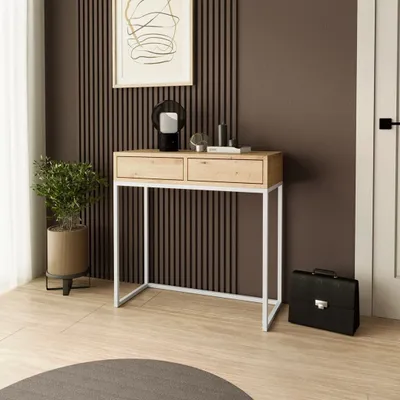 Image de SofaStyle Console LANGO 80 cm - Console à 2 tiroirs, coiffeuse, chêne Artisan avec pieds métalliques blancs