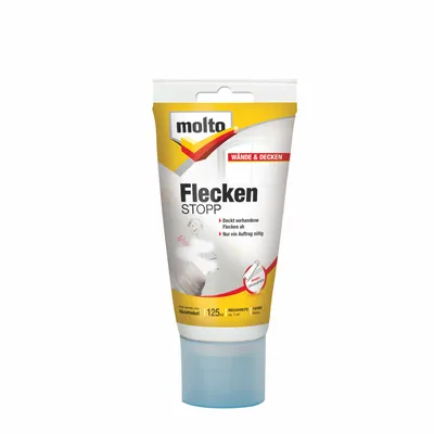 Produktbild von Molto Flecken Stopp, Flüssigkeit (gebrauchsfertig), Wand, Beton, Mauerwerk, Putz, Stein, Tube vor Gebrauch gut kneten, den Schwamm von der Tube abdrehen, Schutzsiegel entfernen und..., Produkt nur im dichtverschlossenen Originalgebinde, frostfrei und nicht über +30°C lagern., Nur restentleerte Gebinde zum Recycling geben. Gebinde mit Resten bei einer Sammelstelle für..., 12 h