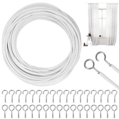 Gordijndraad-Set 10 m, 25 Schraubösen + Haken, weiß