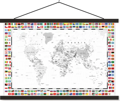Produktbild von MuchoWow® Textilposter Weltkarte - Schwarz - Weiß - Flagge 90x60 cm mit schwarzem Rahmen - Aufhängungssatz