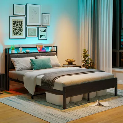 Metallbett 120x200 cm mit LED, Steckdose und Stauraum
