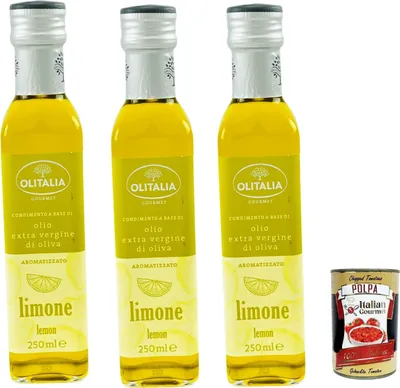 Produktbild von Olitalia Olio Condimento a Base di olio extra vergine di oliva all'aroma di limone, Extra Natives Olivenöl Zitrone geschmack 3x 250ml + Italian Gourmet polpa 400g