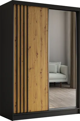 Produktbild von ALTDECOR Kleiderschrank mit Spiegel und Schiebetüren, kugelgelagerte Führungsschienen und Aluminium-Leisten - NALLA - 150 cm (Schwarz + Artisan + Schwarz)