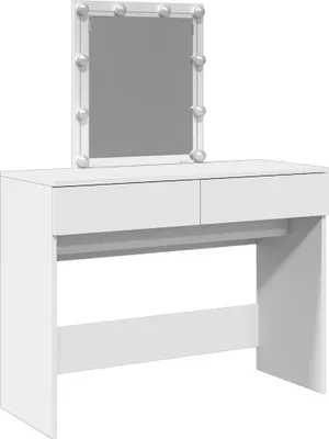A white vanity table with a mirror and LED lights.