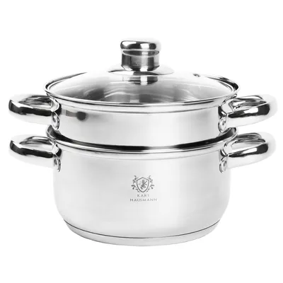 A stainless steel steamer with a glass lid, stacked on top of itself, against a white background.