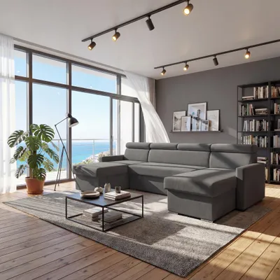 Produktbild von Sofiland Vega U Ecksofa U-Form mit Schlaffunktion & Bettkasten Samt 305 cm Dunkelgrau