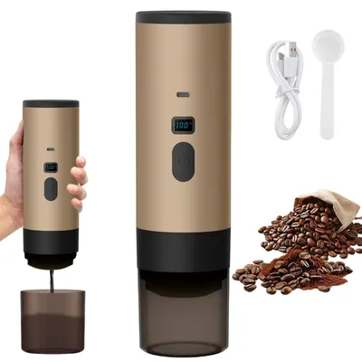 Produktbild von Tragbare elektrische Kapselkaffeemaschine - 3-in-1-Espressokocher - Kabellos - Heizfunktion - Pumpe - Für Reisen und Auto - Champagner