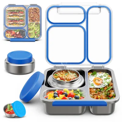 Bento-Box aus Edelstahl, 3 Fächer, 1200 ml, blau