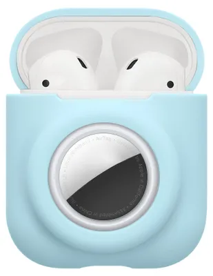 Produktbild von kwmobile 2-in1 Schutzhülle für Apple Airpods 1 & 2 Hülle - Kopfhörer Silicon Case kompatibel mit AirTag - stoßfestes Cover mit Karabiner - Hellblau