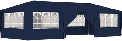 A dark blue party tent with multiple windows is shown against a white background.