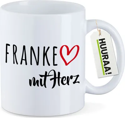 Produktbild von Huuraa Kaffeetasse Franke mit Herz 330ml Weiß Keramik Kaffeebecher Geschenkidee