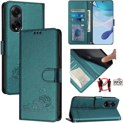 Produktbild von Leder Hülle für Oppo A98 5G Süße Katze Flip Case Brieftasche Schutzhülle mit Standfunktion Grün