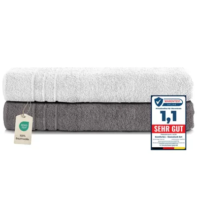 Produktbild von Komfortec 2er Saunatuch Set 80x200 cm aus 100% Baumwolle, XXL-Saunatücher, Sauna Handtuch, Weich, Groß, Frottee, Schnelltrocknend, Anthrazit Grau/ Weiß