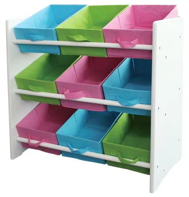 Image de Étagère BURI pour enfants avec 9 boîtes en tissu colorées | Étagère pour chambre d'enfant en bois avec des côtés robustes | Meuble pour enfant, étagère pour ranger jouets, livres et vêtements | 66 x 64,5 x 30 cm
