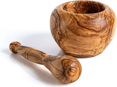 Image de Set de mortier artisanal - Multifonctionnel et décoratif - 1 pièce - Bois d'olivier - Ø 12 cm