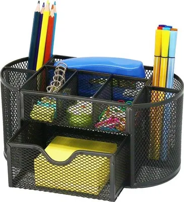 Image de Organiseur de bureau, métal, boîte de rangement à 9 compartiments, pinces, carnets, bureau