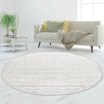Immagine prodotto di Tappeto da salotto Boho a pelo lungo con motivo a rombi e cerchi, colore crema - 160 cm (rotondo)